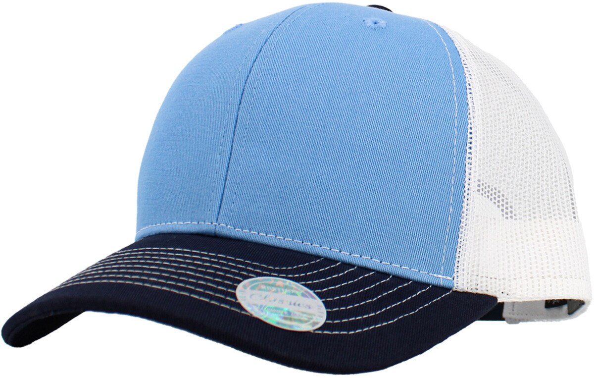 Sky Blue Navy Blue White Classic 6 Panel Trucker Mesh Snapback Front Side View